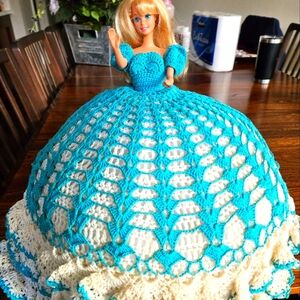 Vintage Barbie. Handmade Crocheted Ball Gown Dress. Blue & White. Gorgeous!!